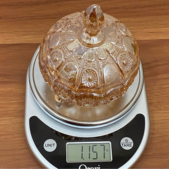 Iridescent Gold Crystal Carnival Glass Footed Flower Relief Lidded Candy Dish - Picture 9 of 12